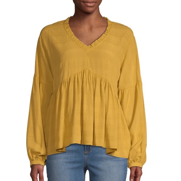 Simple Yellow Ruffled Hign Neck Cotton T Shirt Tops Fall